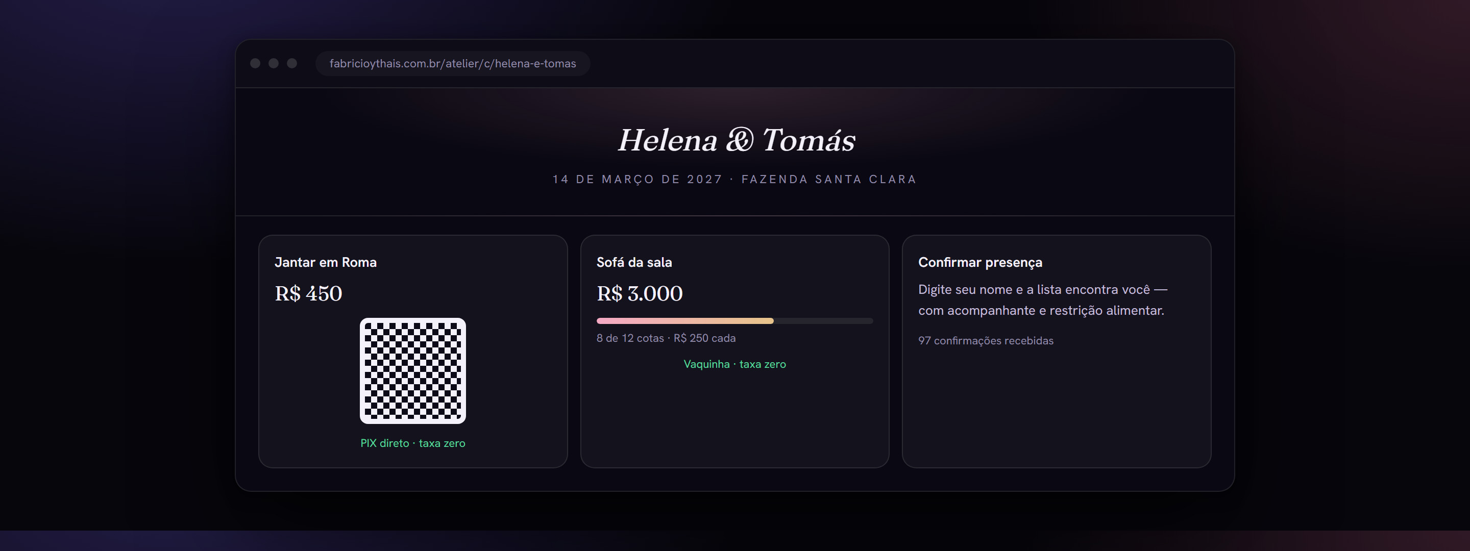 Site do casamento com lista de presentes por PIX e vaquinha por cotas, com taxa zero