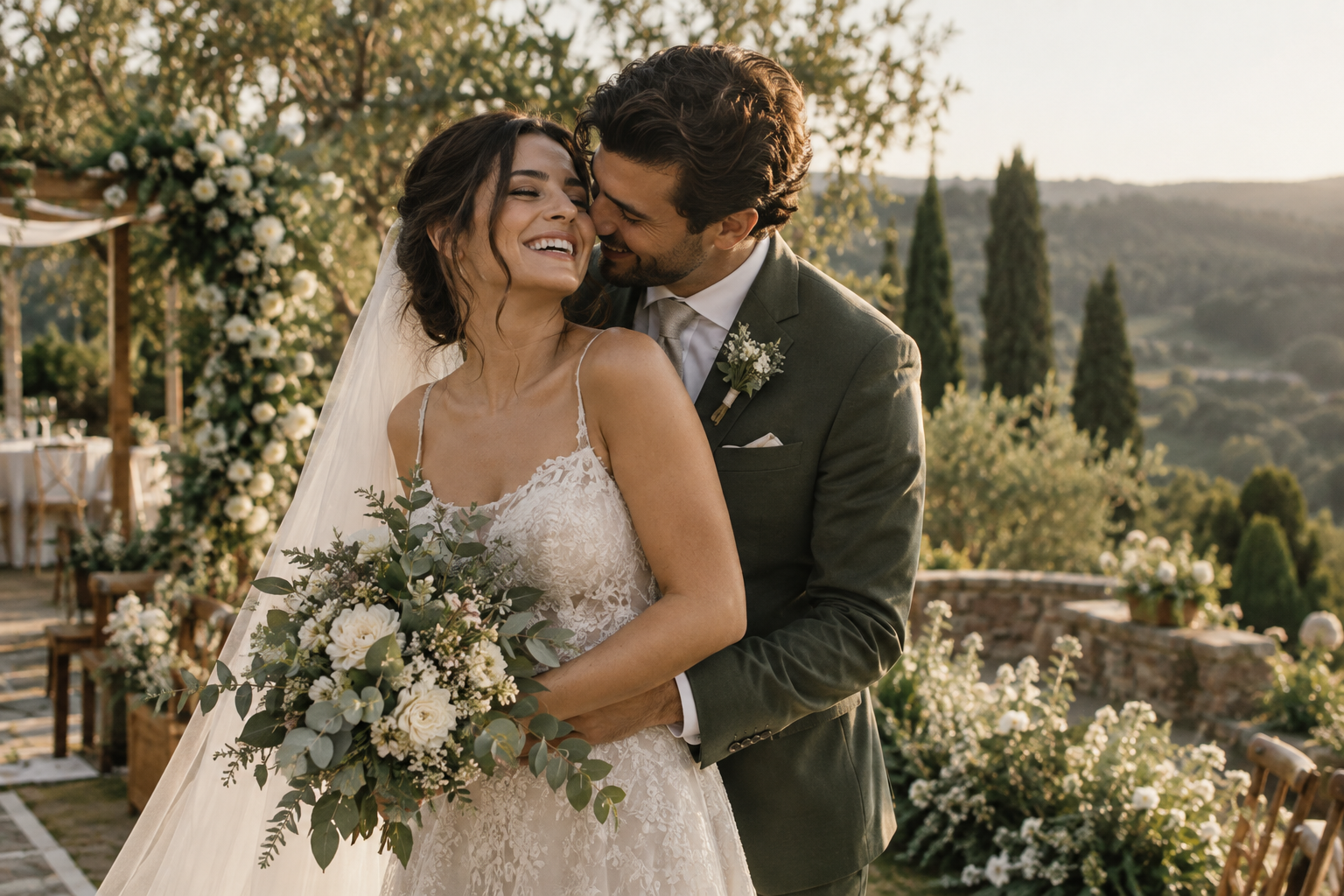 Casal celebrando o casamento em uma fotografia editorial gerada para o protótipo