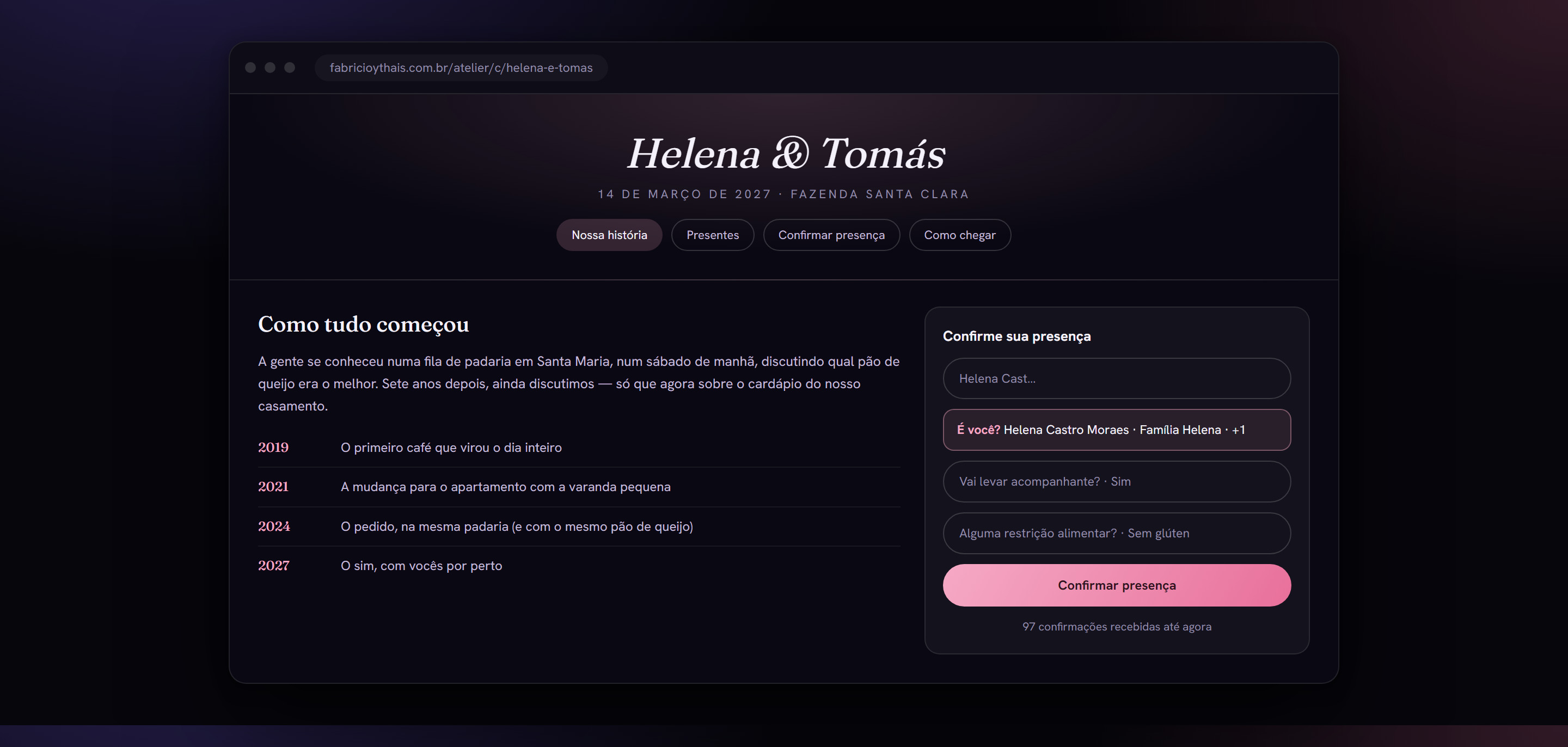 Prévia ilustrativa de um site de casamento criado no Atelie Studio